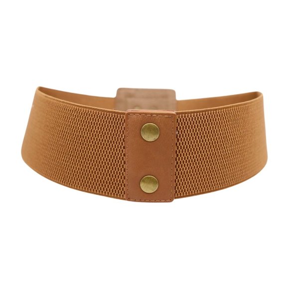 Women Brown Wide Elastic Belt Geometric Square Antique Gold Studs S M z042 - Picture 6 of 16